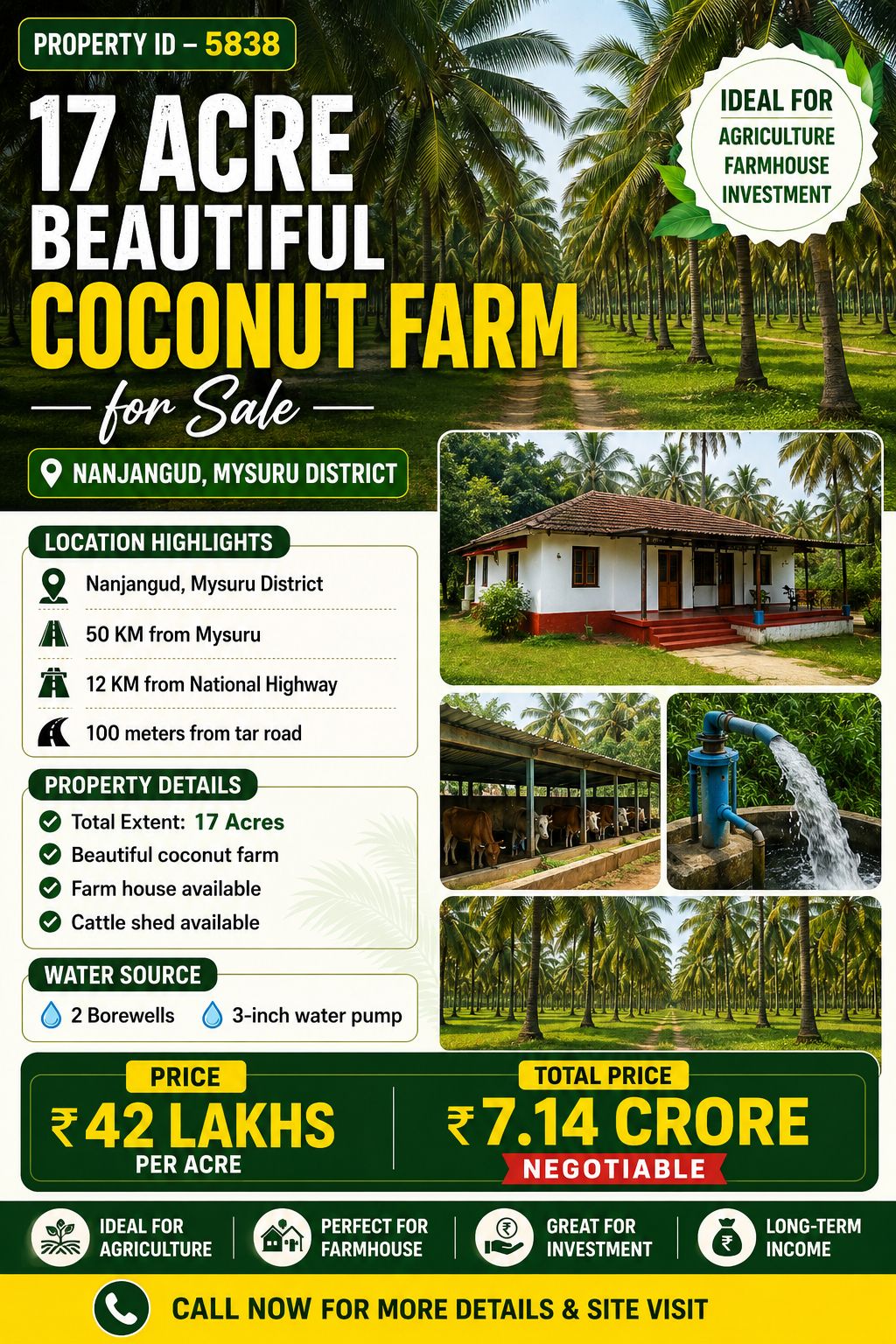 🆔 *PROPERTY ID – 5838* 🌴 *17 Acre Beautiful Coconut Farm for Sale – Nanjangud, Mysuru District